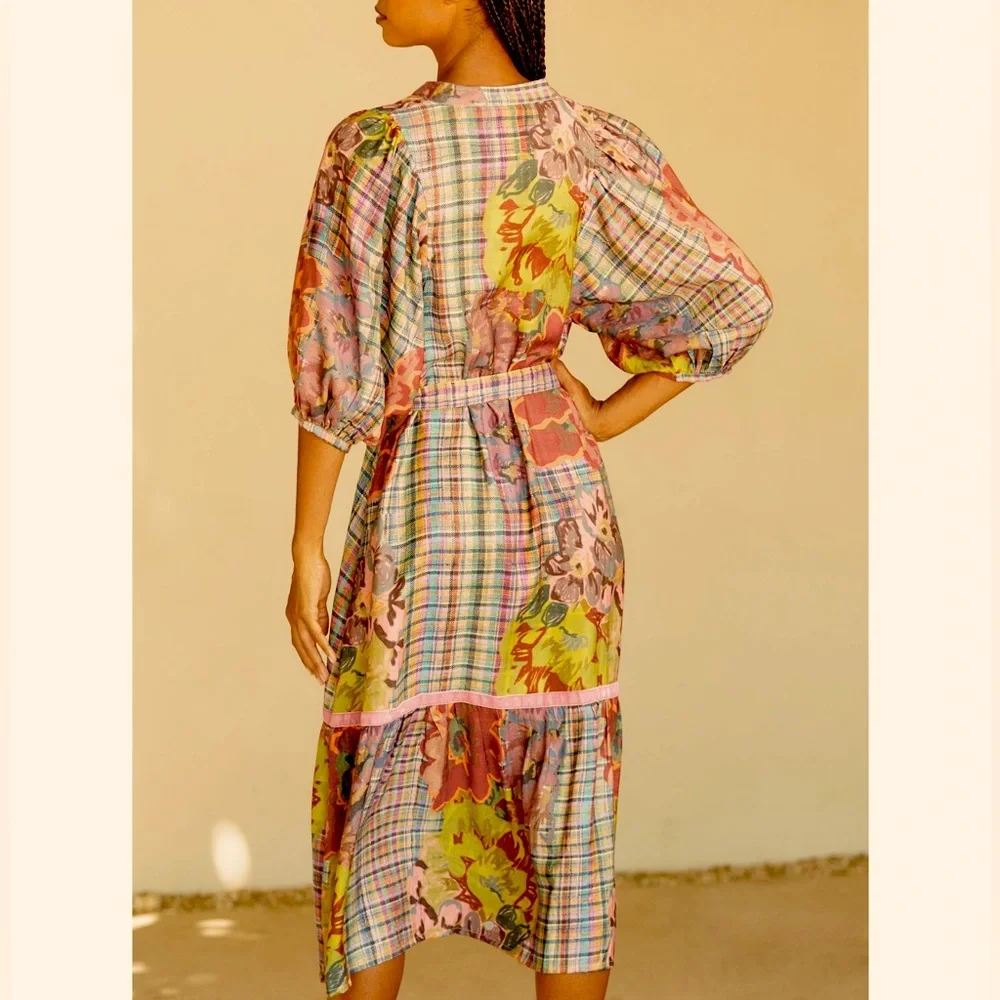 Anthropologie Multicolor Plaid and Floral Dress - Picture 2 of 12